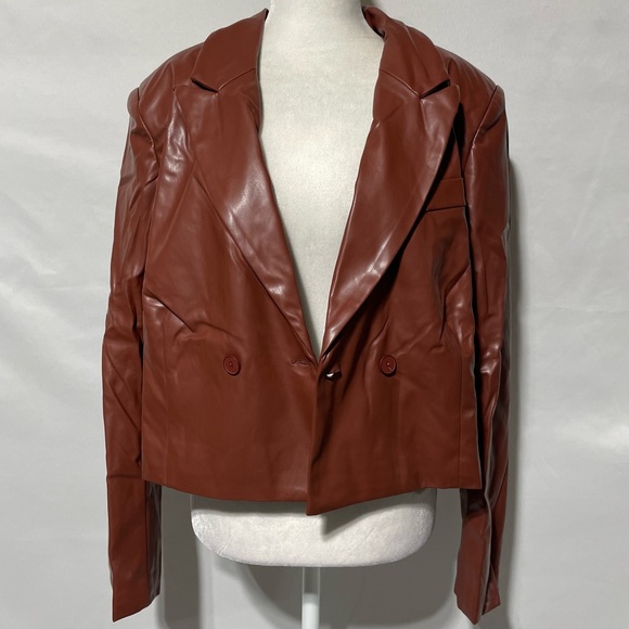 New Area Stars Faux Leather Double Breasted Cropped Jacket Brown Size Large - Picture 10 of 16
